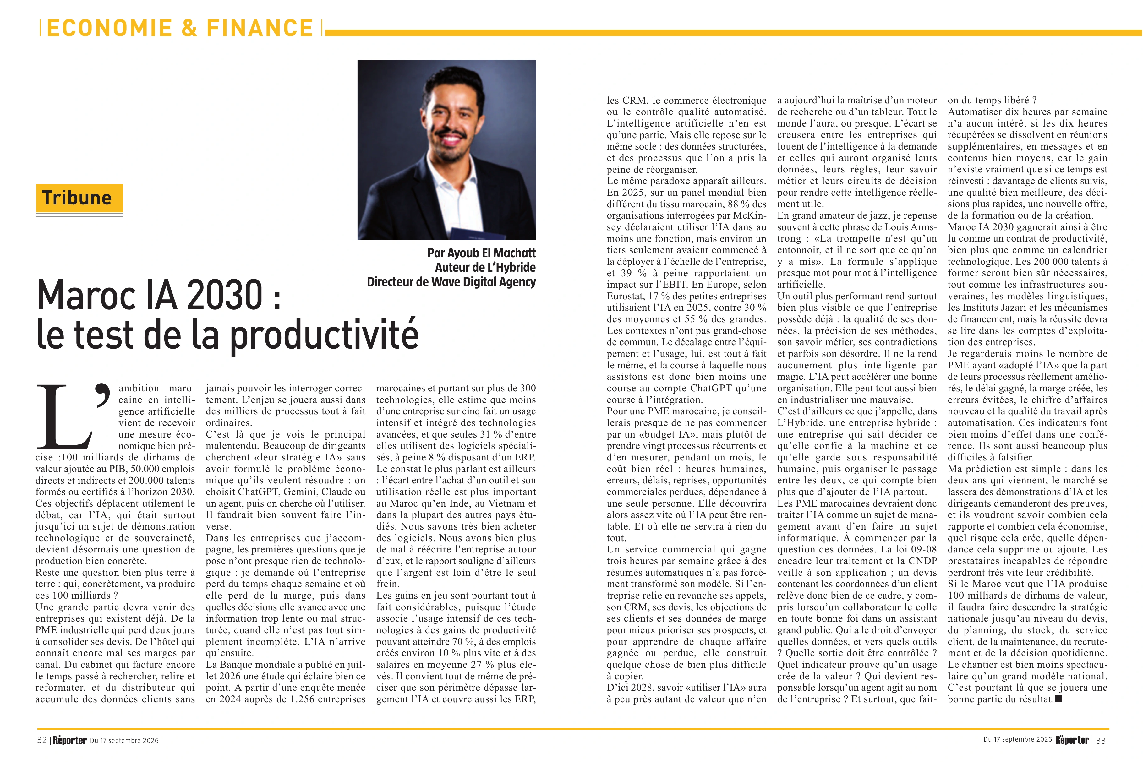 Double page de Le Reporter n°1279, article Maroc IA 2030 : le test de la productivité, pages 32 et 33